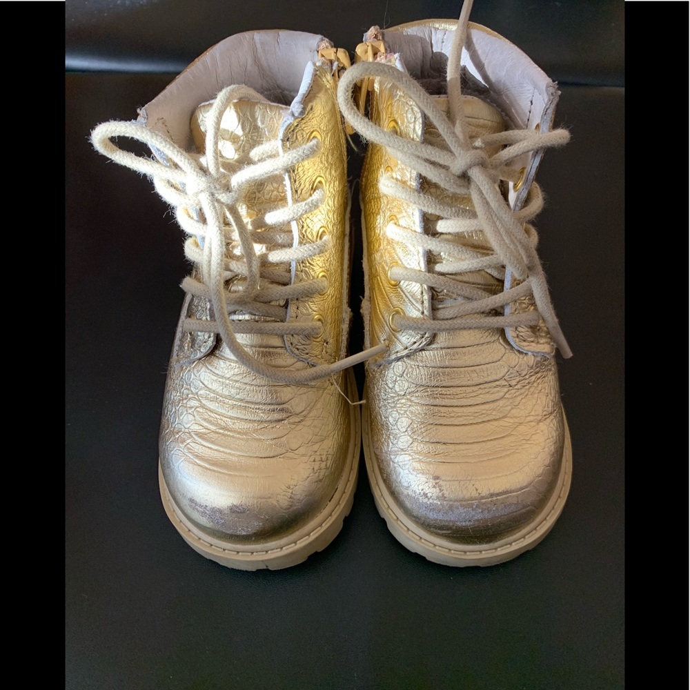 Gold shiny faux snakeskin combat boots w zipper